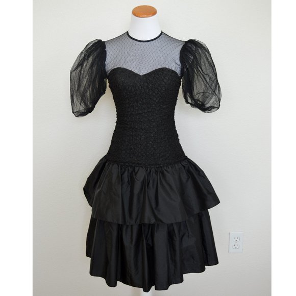 Vintage Dresses & Skirts - Vintage 80's Ruffle Puffy Black Formal Prom Dress